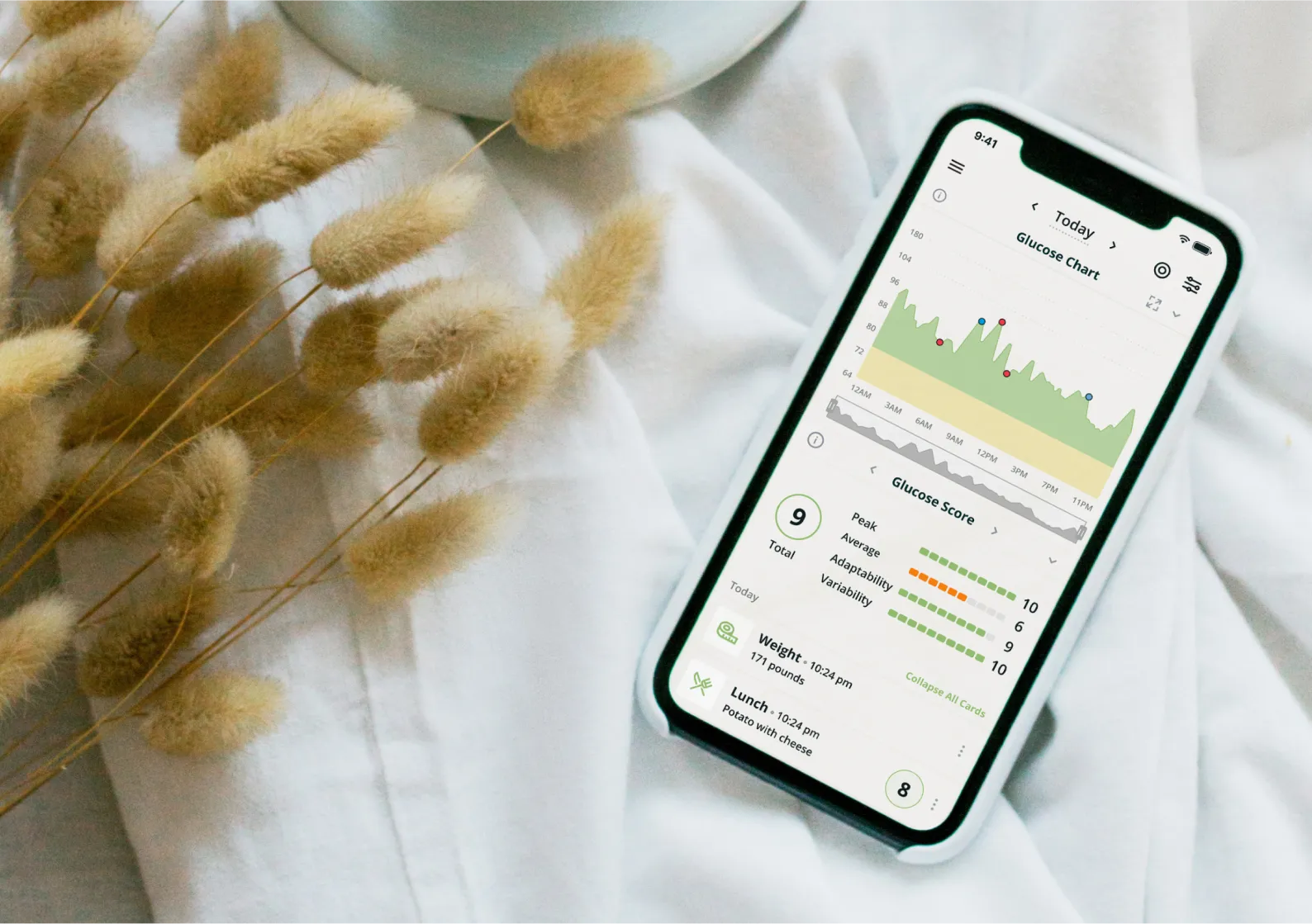 Mobile phone on the table showing Nutrisense glucose chart