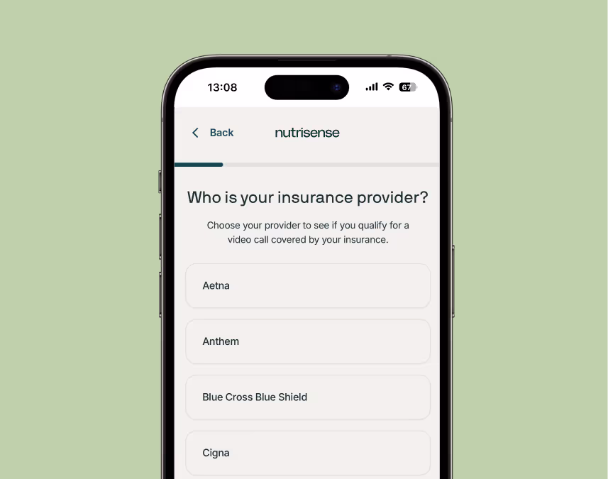 iPhone with a Nutrisense screen asking "Who is your insurance provider?" with options aetna, anthem, blue cross blue shield, cigna, and more.