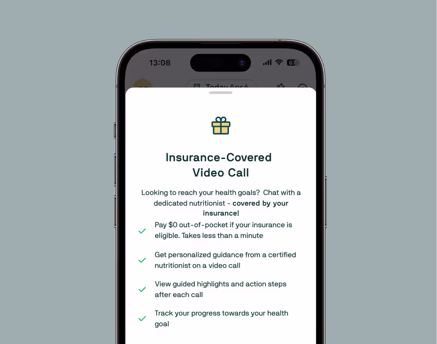 Nutrisense app screen on an iPhone showing the requirements to get insurance-covered calls in the Nutrisense app.