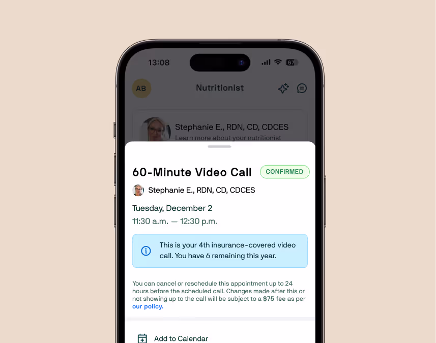 Nutrisense app screen on an iPhone showing a 60 Minute video call with a nutritionist on December 2nd
