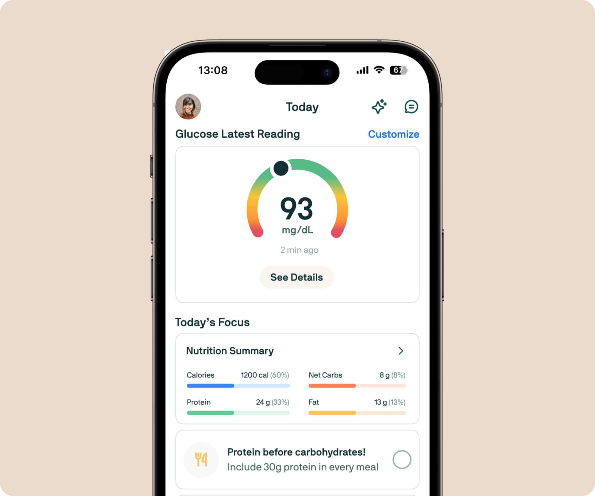 Nutrisense App home screen with a most recent Meal Score and charts with the day's calories, protein, fats, and carbohydrates. 