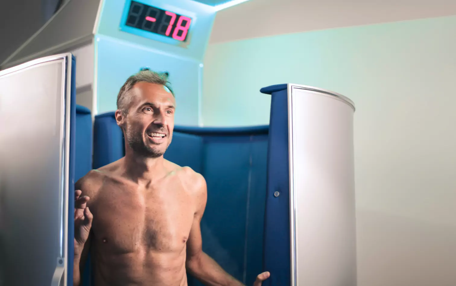 a person exiting cryotherapy machine