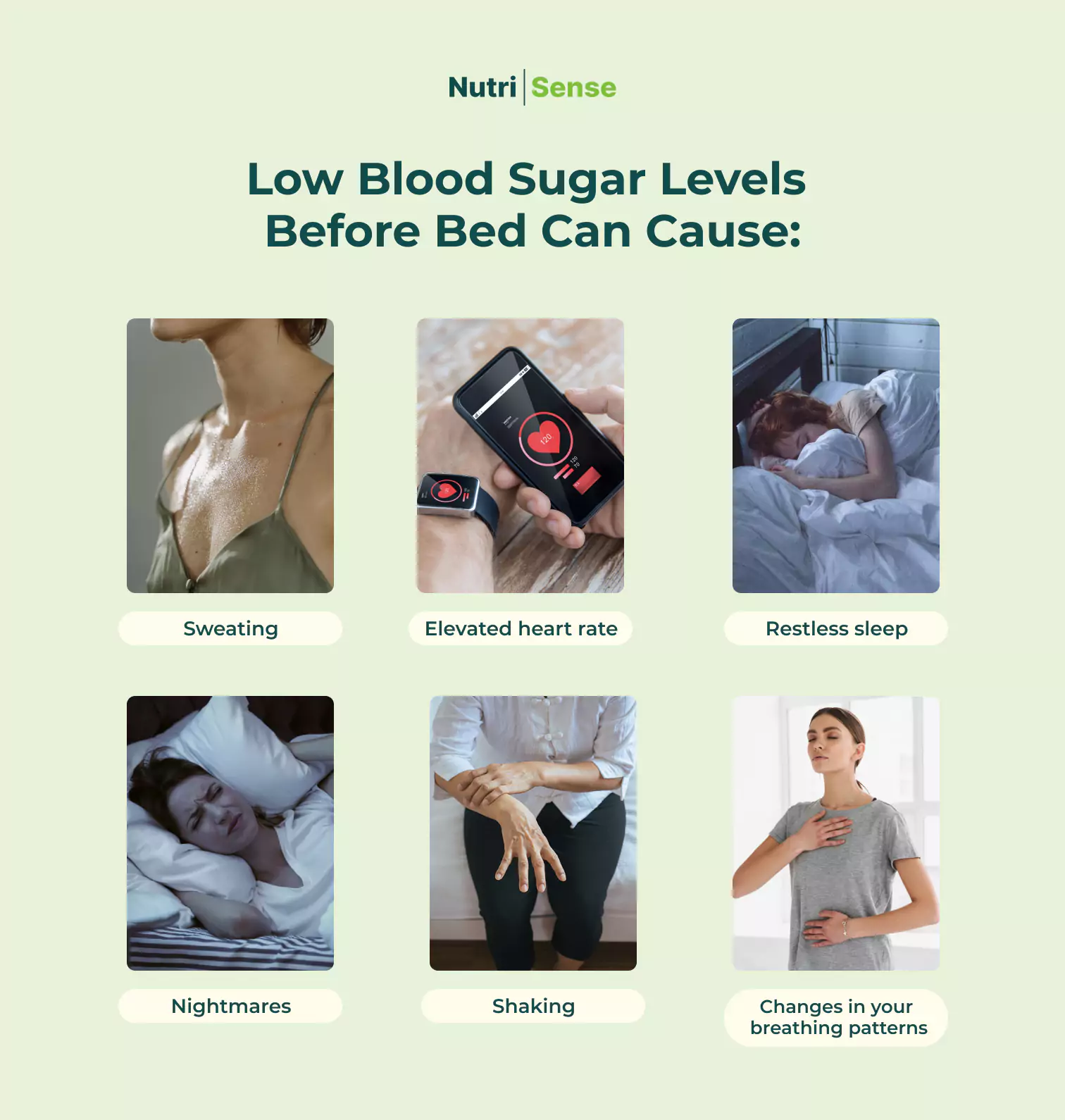 a list of what low blood sugar levels before bed can cause: sweating, evaluating heart rate, restless sleep, nightmares, shaking, changes in your breathing patterns 