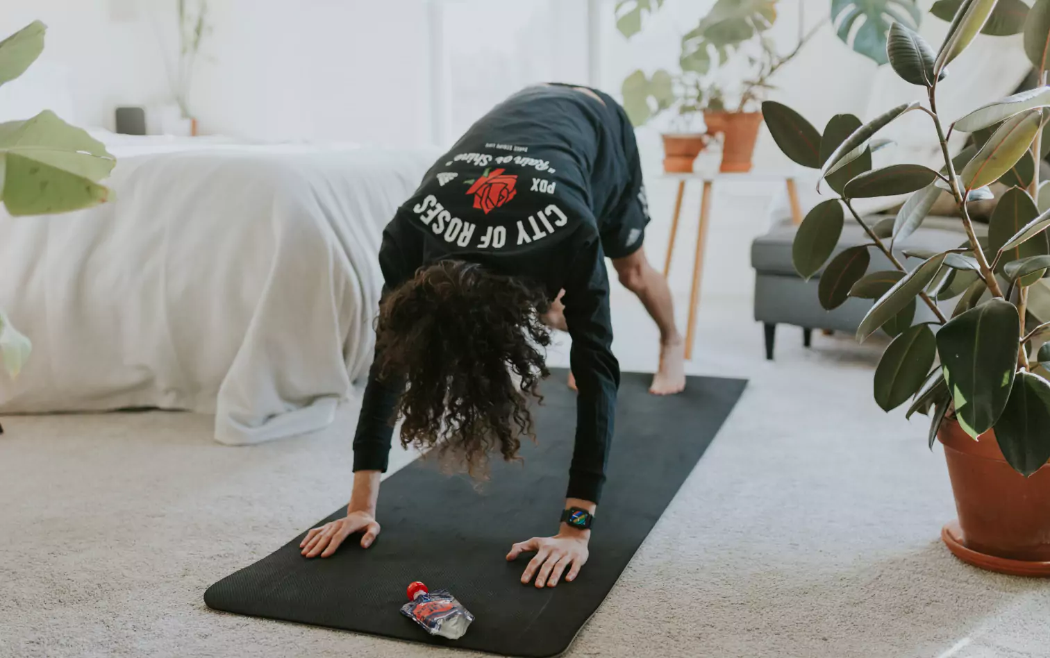 a person stretching at home