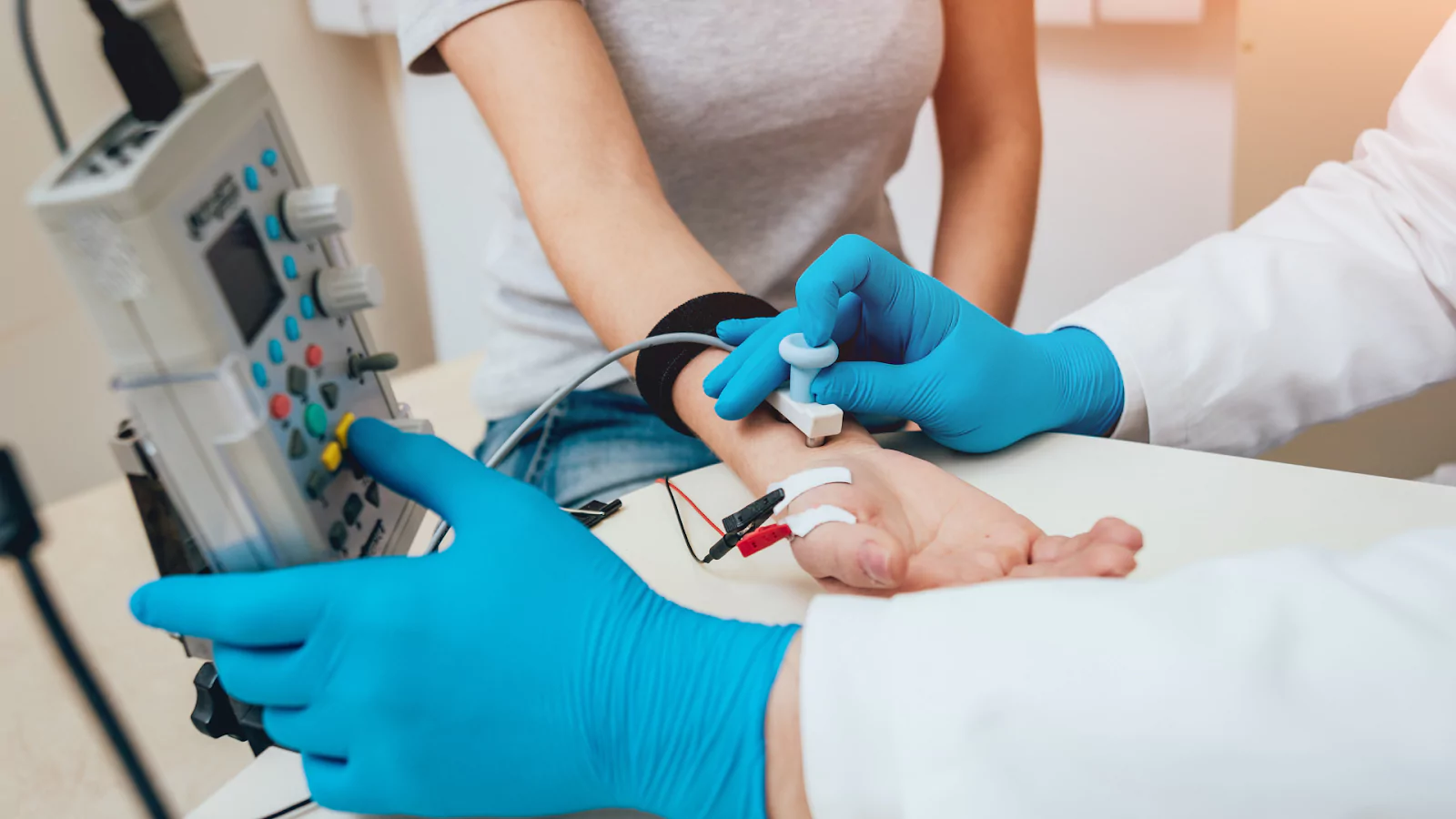 doctor performing a nerve stimulation test for neuropathy on patient