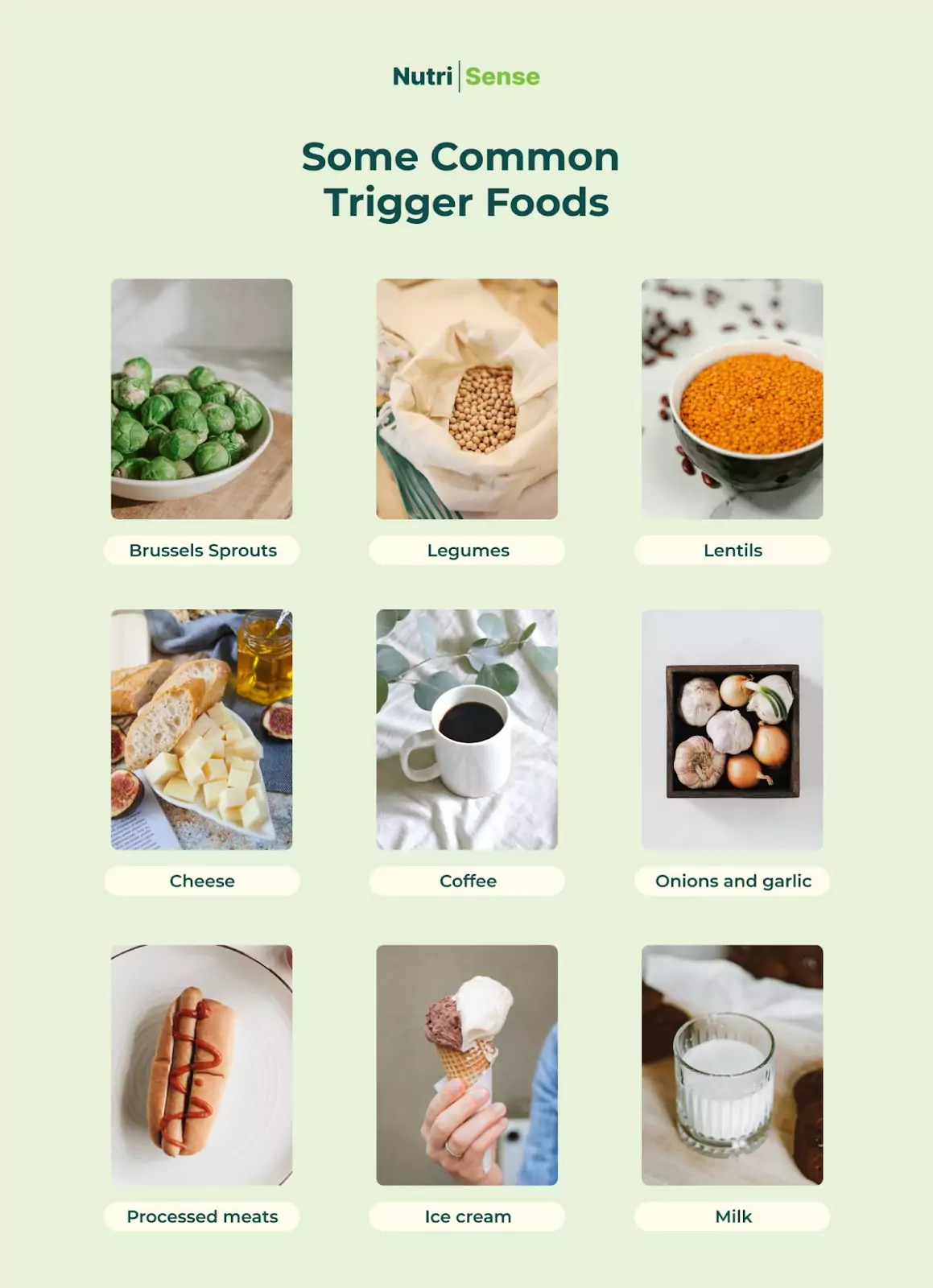 A list of Some Common Trigger Foods:Brussels Sprouts, Lentils, Legumes, Coffee, Cheese, Milk, Processed meats, Onions and GarlicIce cream