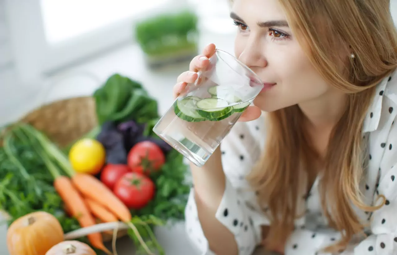 a person drinking water with cucumbers 