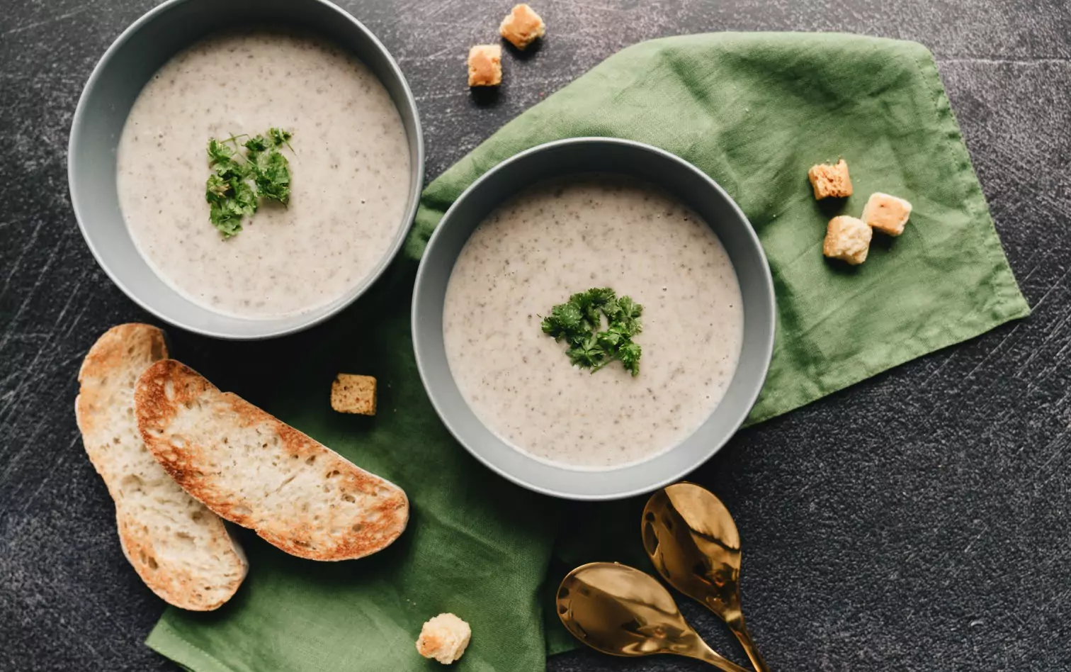 Two bowls of Vegan Mushroom Soup