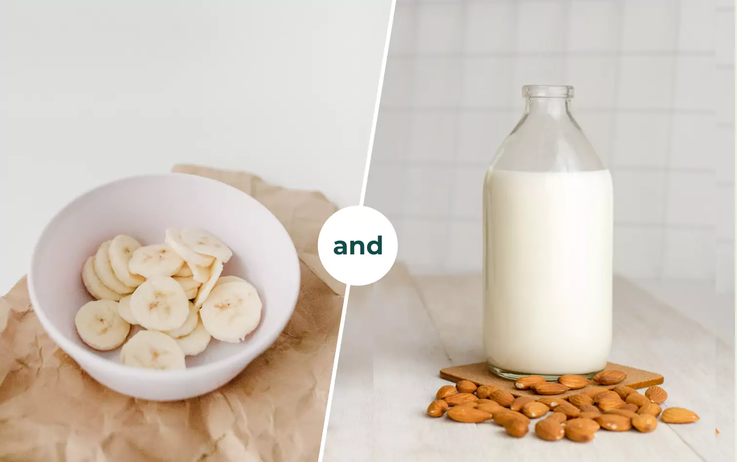 a bowl of cut bananas and a bottle of milk 