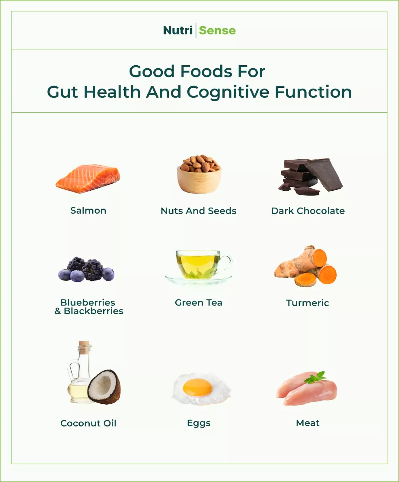  Good foods for gut health and cognitive function: salmon, nuts and seeds, dark chocolate, blueberries, blackberries, green tea, turmeric, coconut oil, eggs, meat 