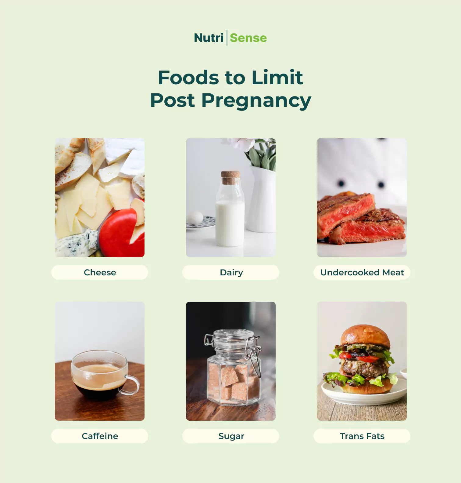 Foods to limit post pregnancy: dairy, cheese, undercooked meat, caffeine, sugar, trans fats