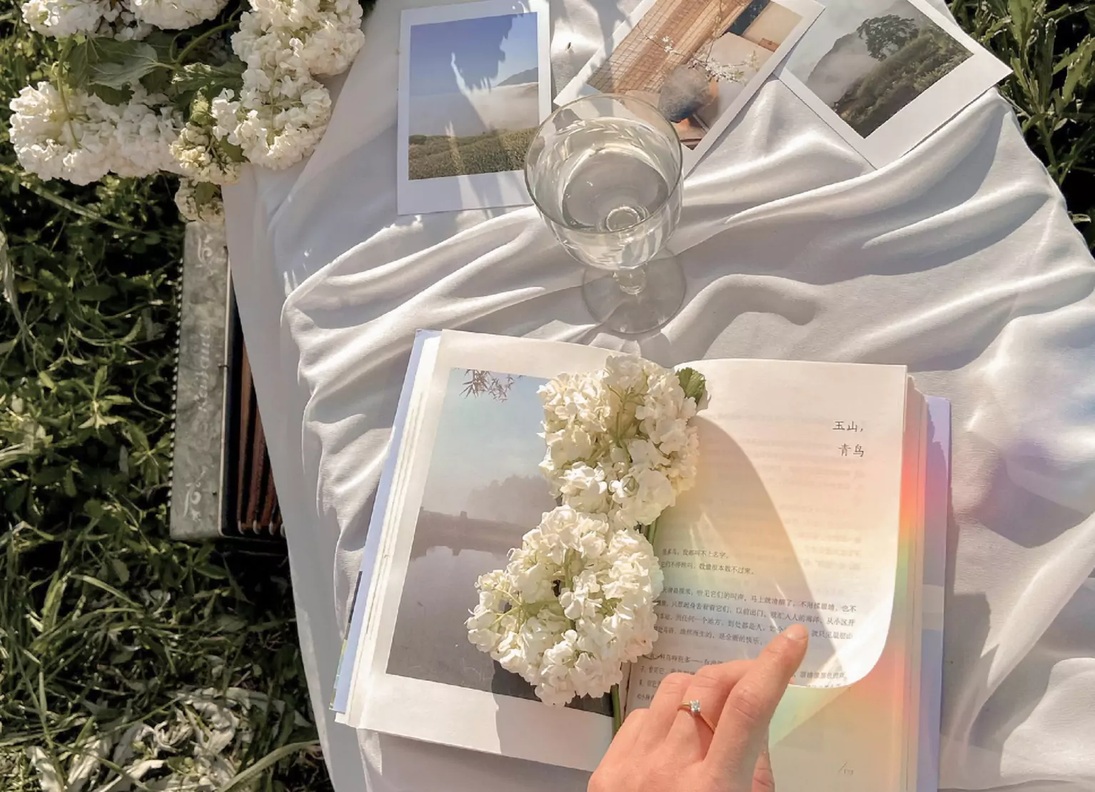 a picnic blanket with a book and a cup