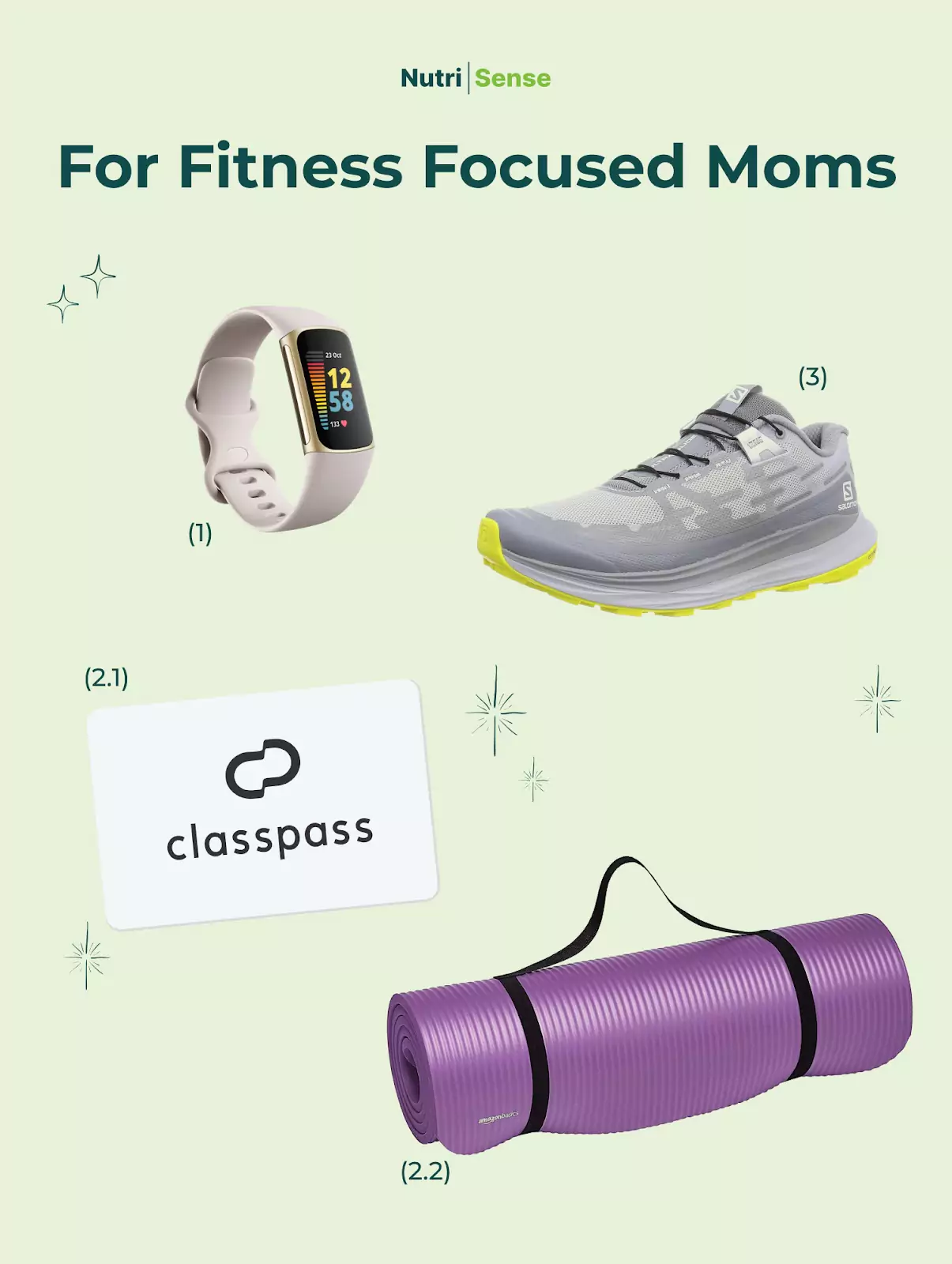 gifts for fitness focused moms: a fitness tracker, a fitness subscription card, running shoes, a yoga mat