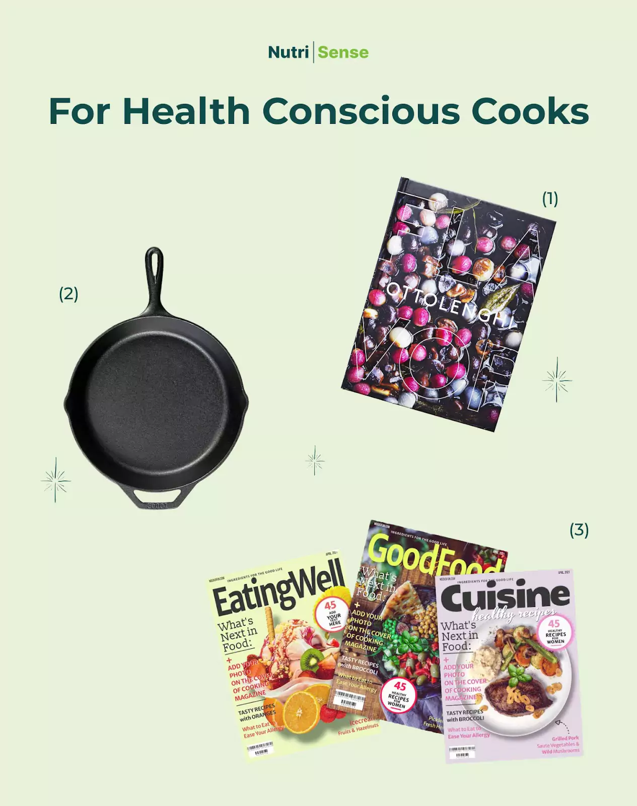 gifts For Health Conscious Cooks: a cookbook, a frying pan, Food Magazines