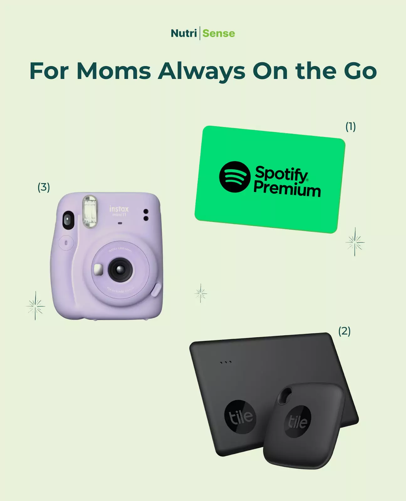 gifts For Moms Always On the Go: a Spotify subscription card, A Bluetooth Tracker, A Small Camera