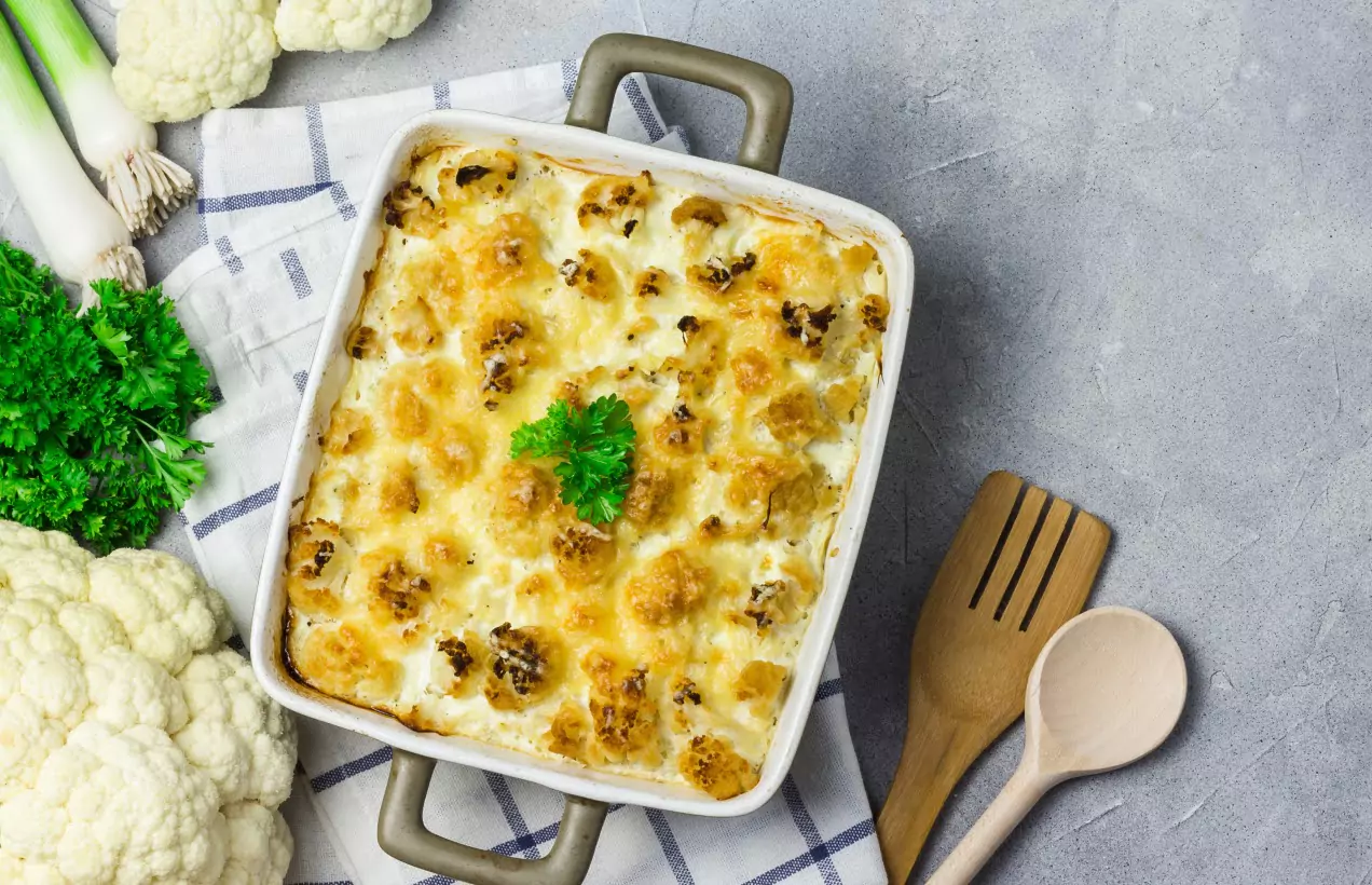 a baking tray of Every Last Bite's Cauliflower Stuffing