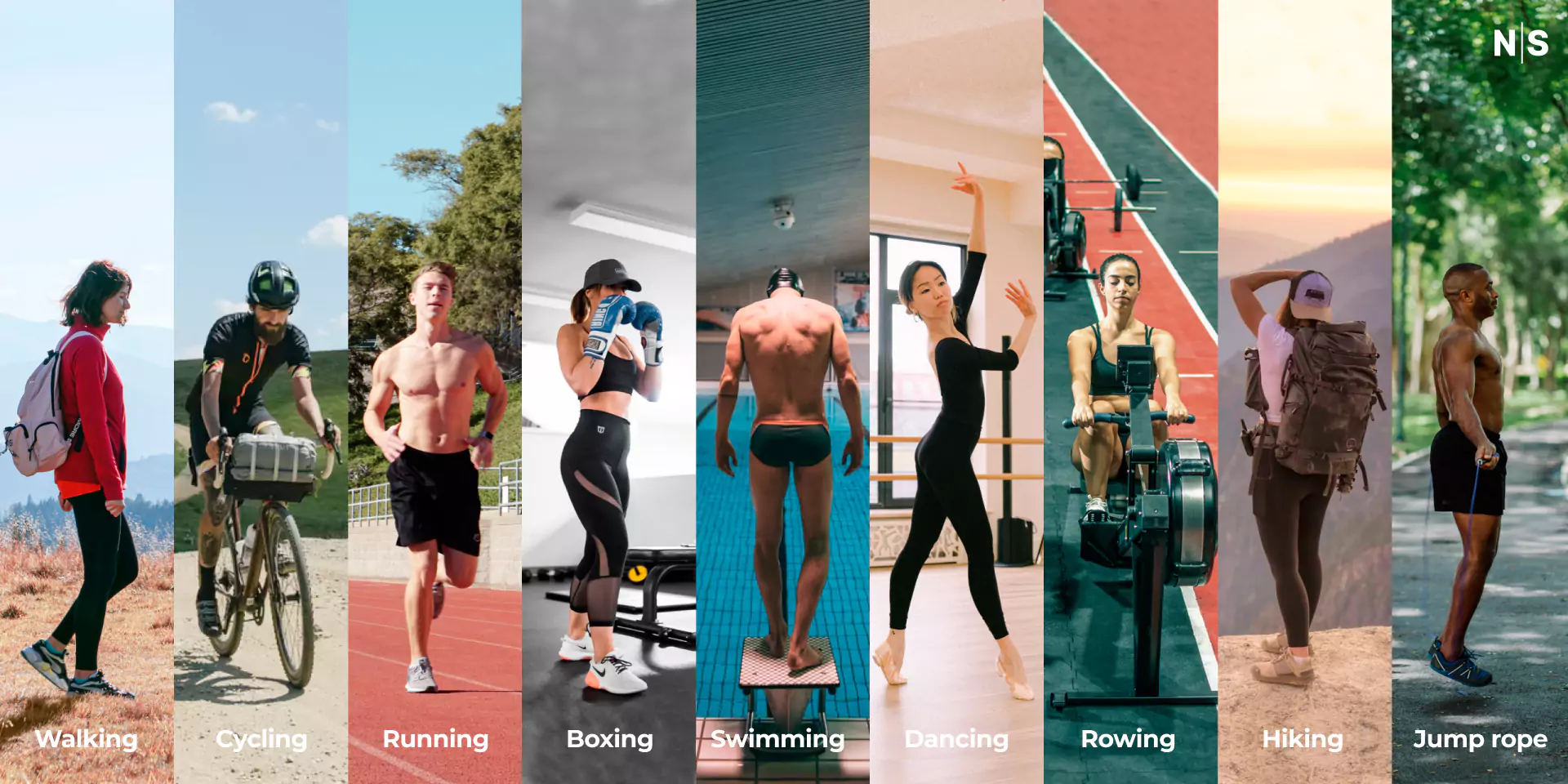 people doing different cardio: walking, cycling, running, boxing, swimming, dancing, rowing, hiking and jumping rode