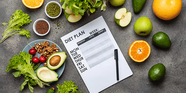 a diet plan and veggies, fruits and nuts