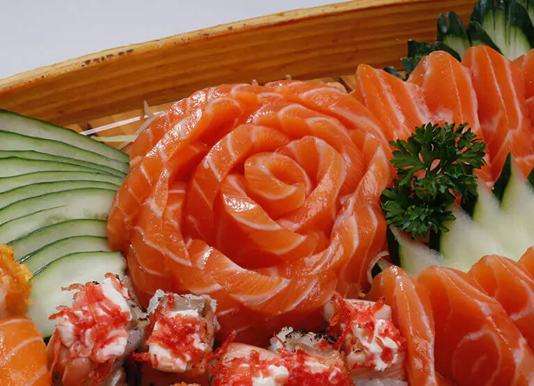 Raw salmon arranged into a rose