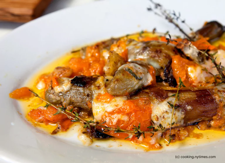 Roasted Japanese Eggplant with Crushed Tomato, Pecorino, and Thyme