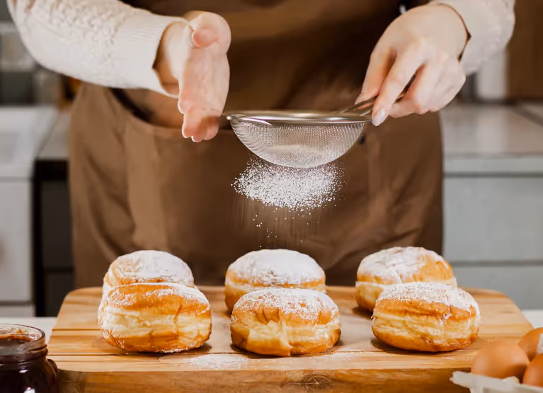 Person dusting sugar on top of baked buns