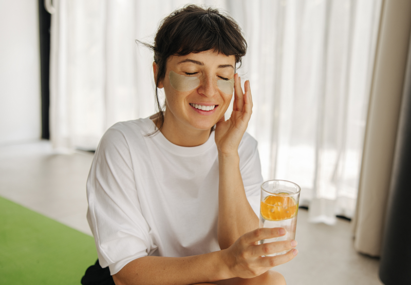 Woman with under eye mask on