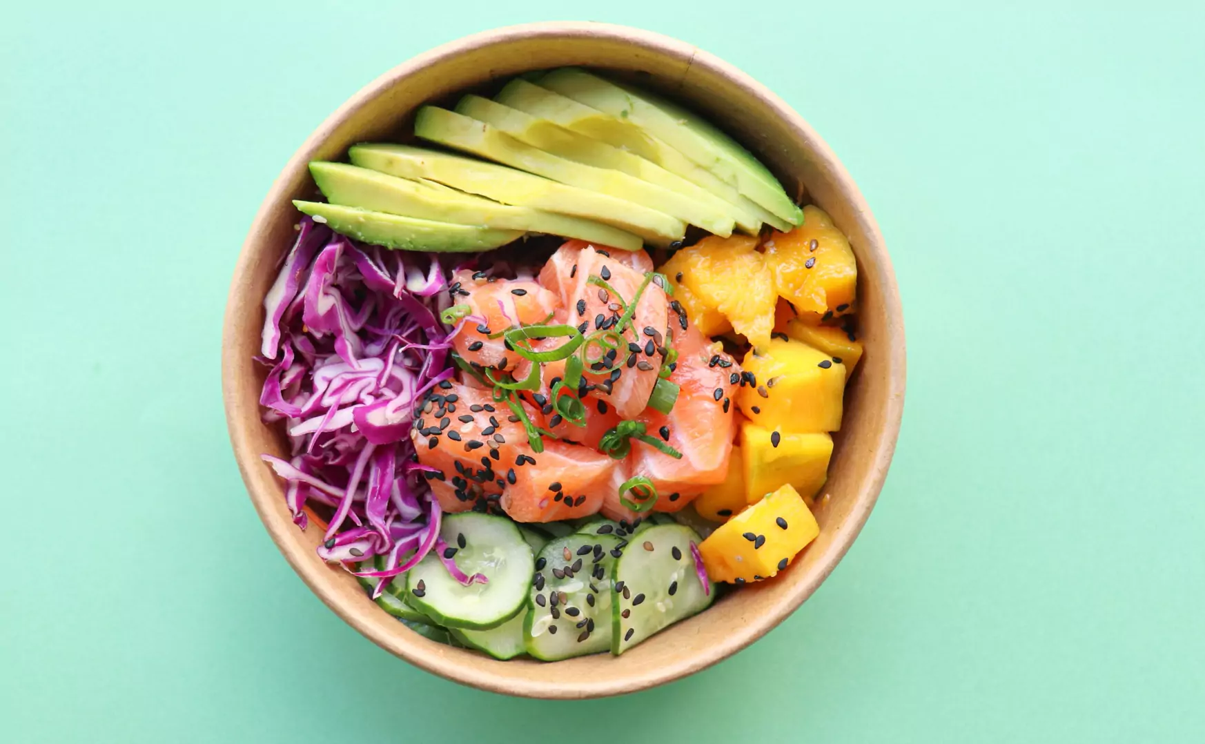 A Poke bowl of nutrient-dense sushi with avocados, cucumbers and fruit