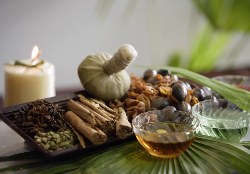 ayurveda table with herbs