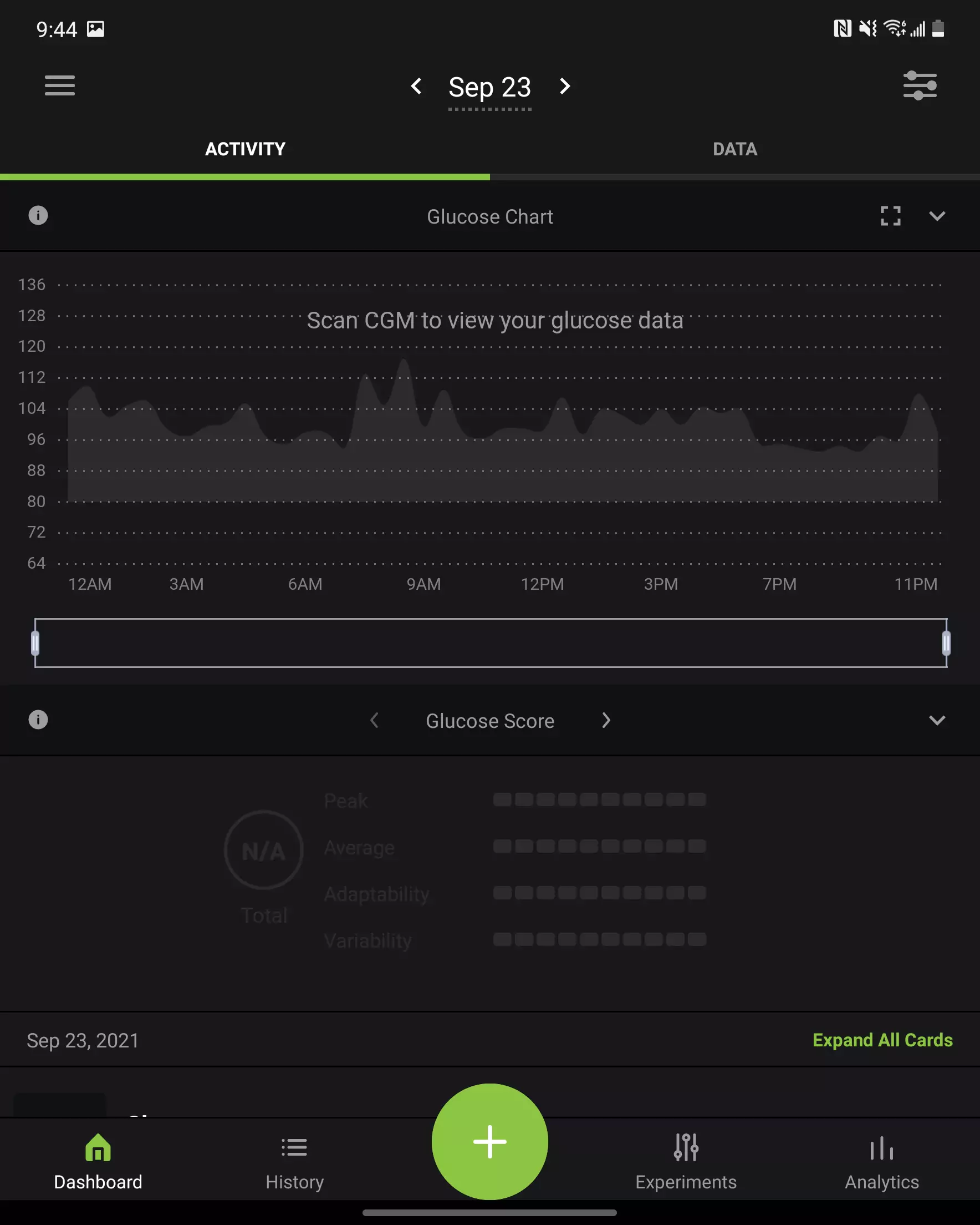 Nutrisense app Thursday: 0kCals recorded