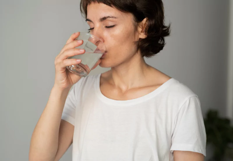 a woman drinking water and taking a pill