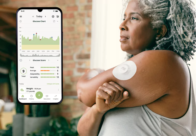 the nutrisense app and a woman wearing a cgm