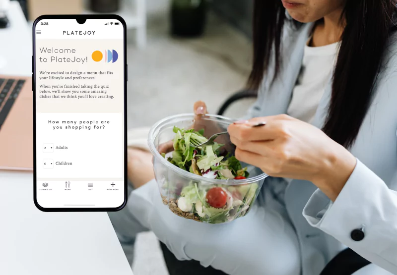 the Platejoy app and a girl eating a salad