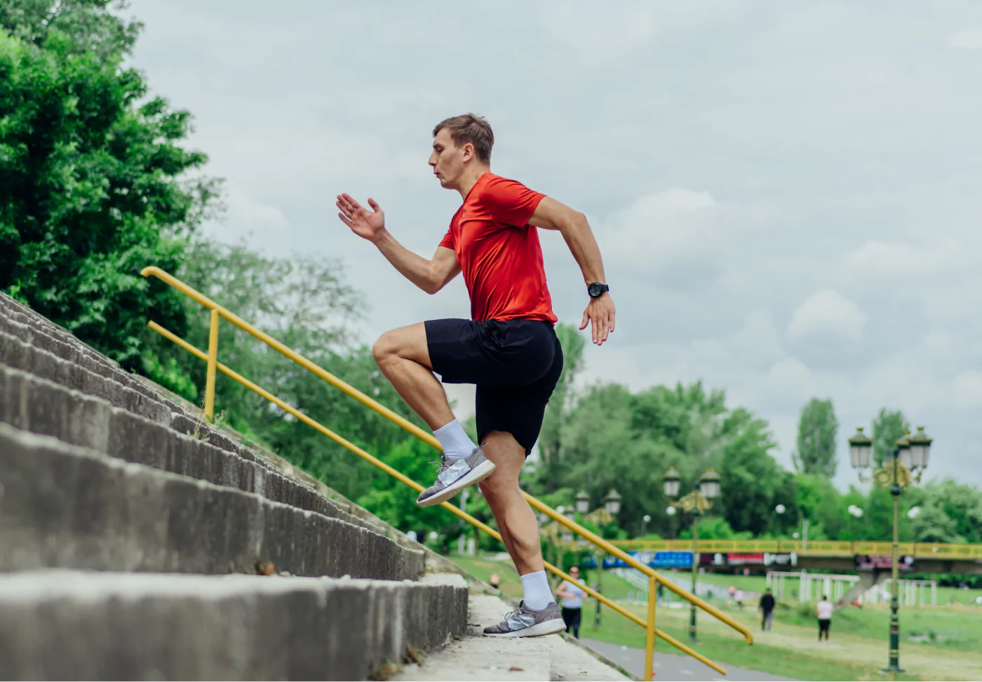 a man running up the stairs