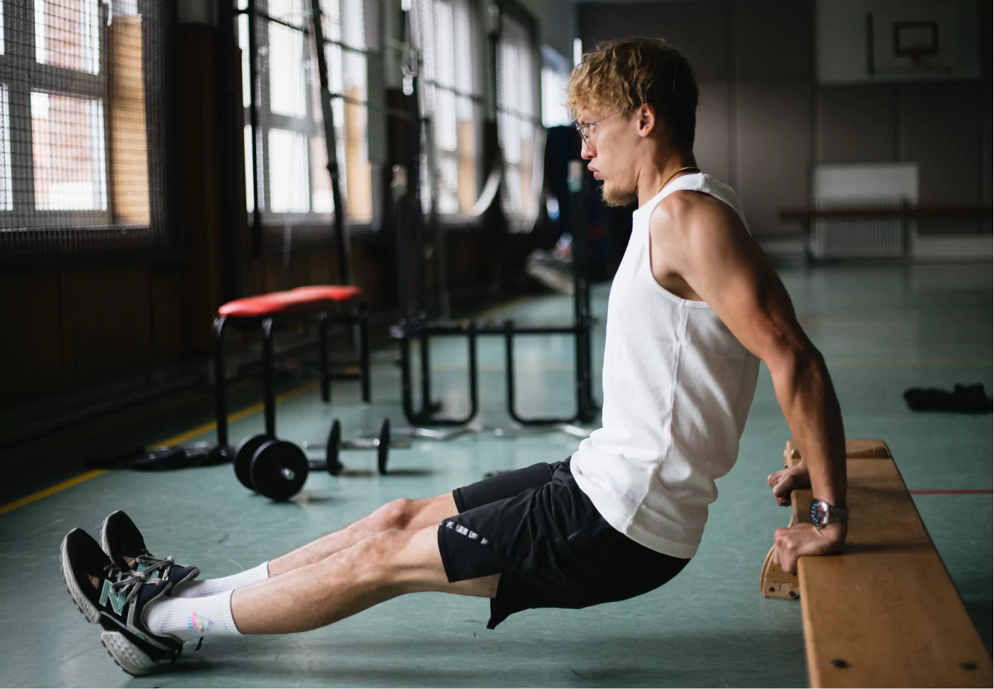 a man doing tricep dips