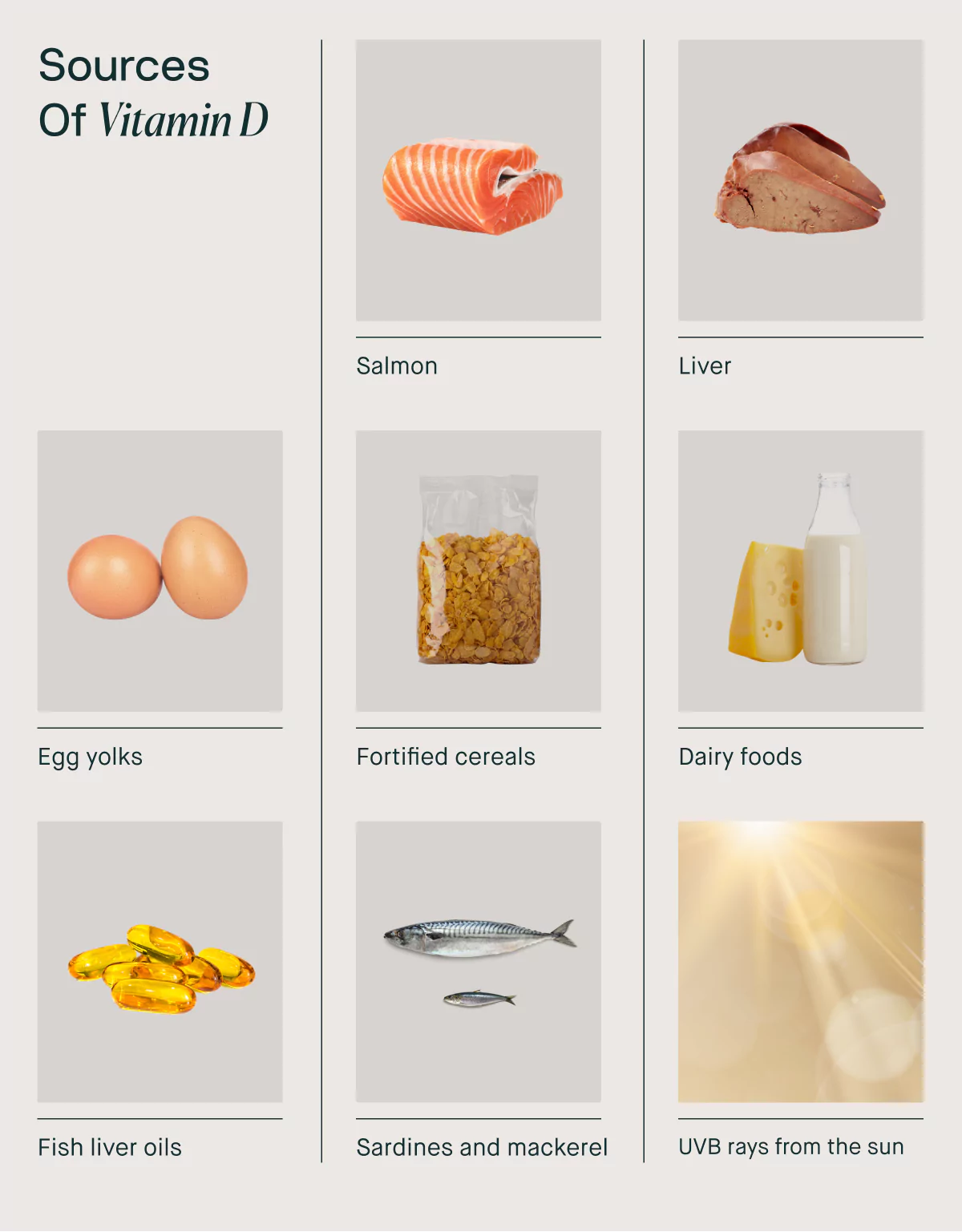 Sources of vitamin D like UVB rays from the sun, salmon, sardines, and mackerel, fish liver oils, liver, egg yolks,  fortified cereals, dairy foods