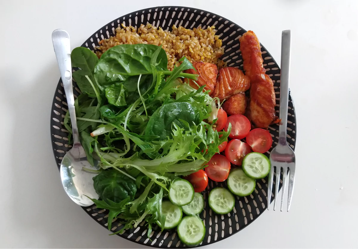 a plate of grilled salmon, rice, and salad