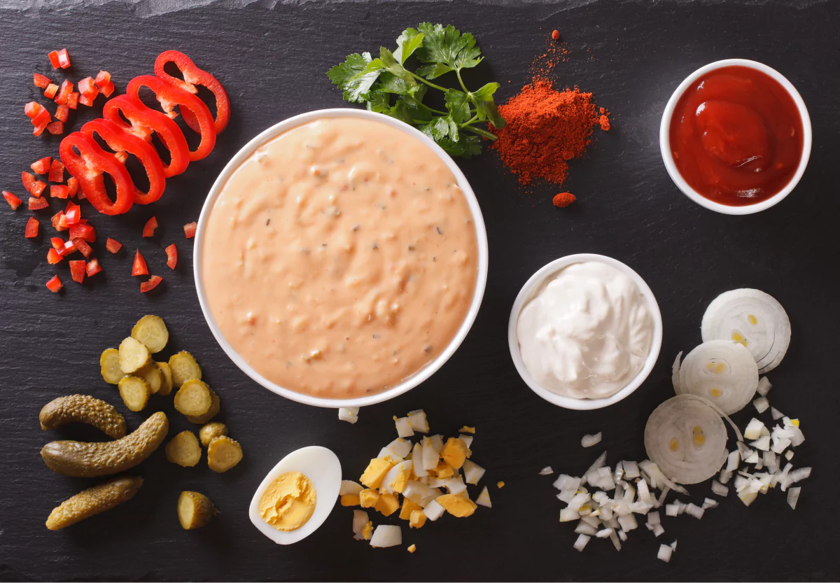 a bowl of thousand island dressing and all the ingredients to make it