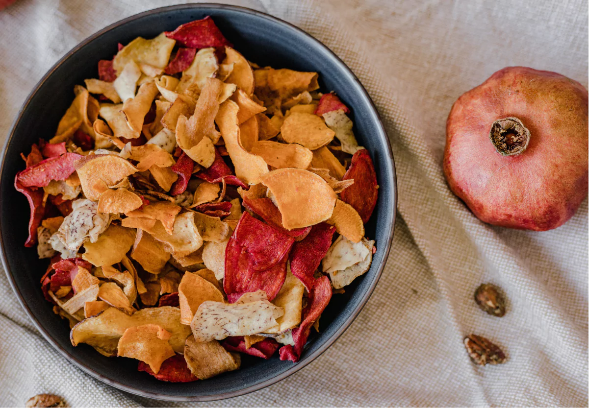 a bowl of veggie chips