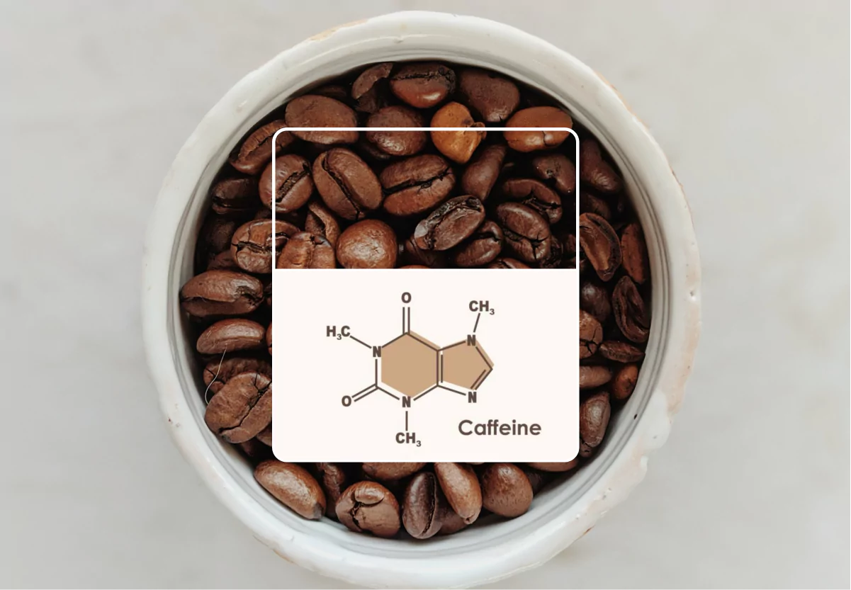 coffee beans in a bowl with the chemical struture of caffeine