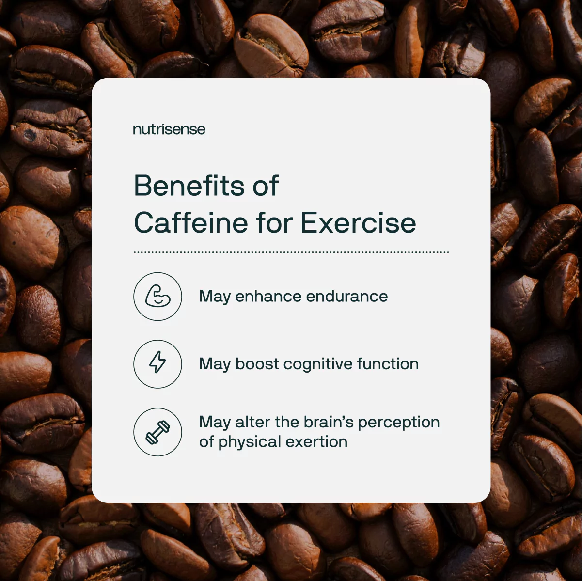 the benefits of caffeine for exercise listed with a coffee background