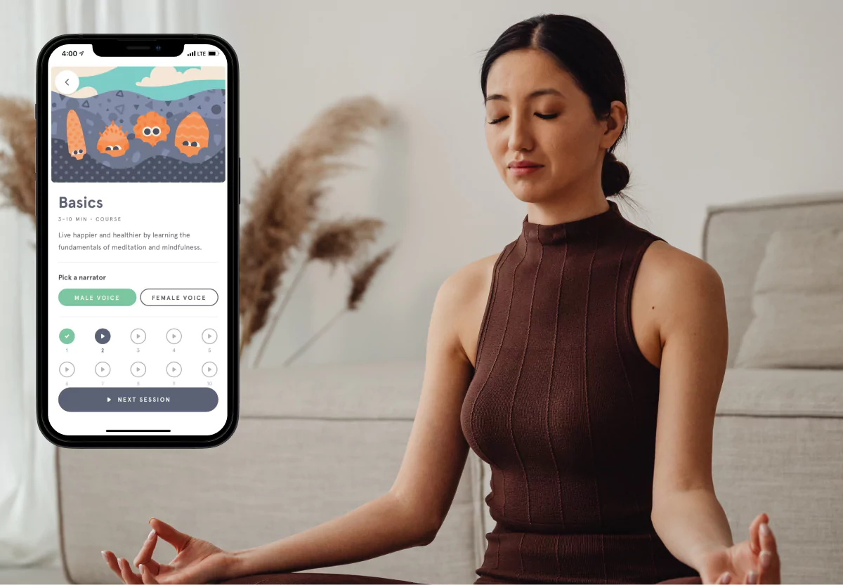 a girl meditating and the headspace app