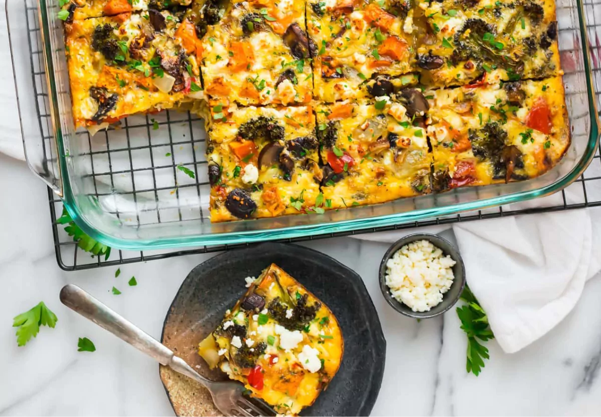 a veggie breakfast casserole in a baking dish