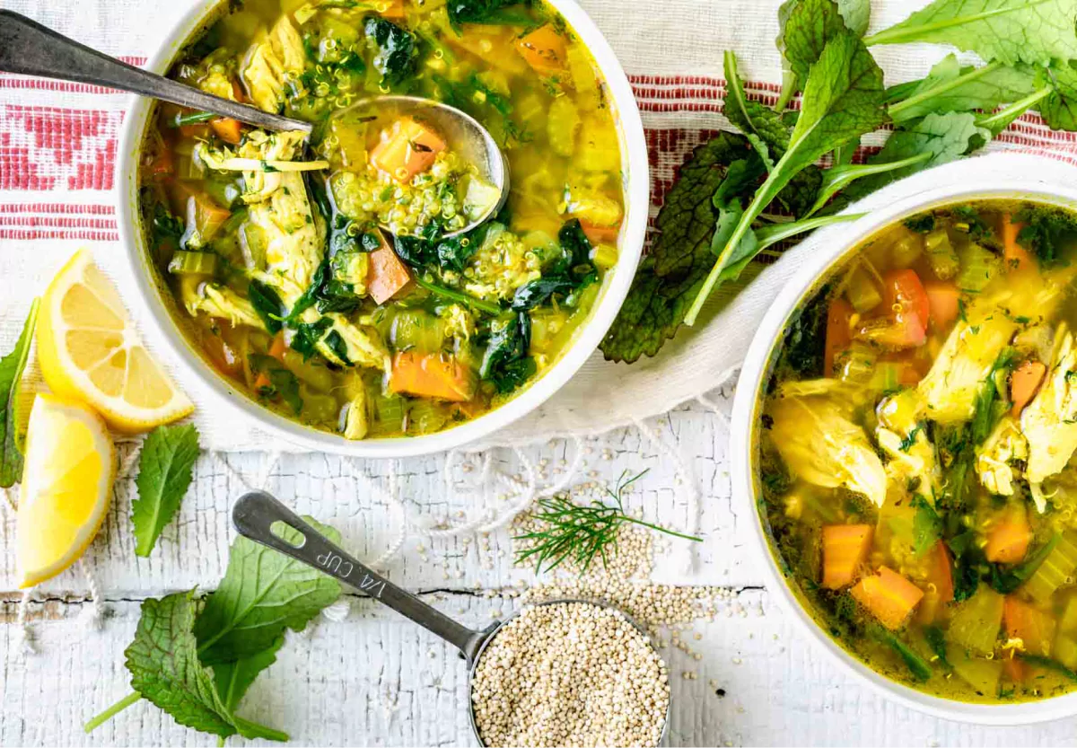 a bowl of lemon and dill quinoa chicken soup