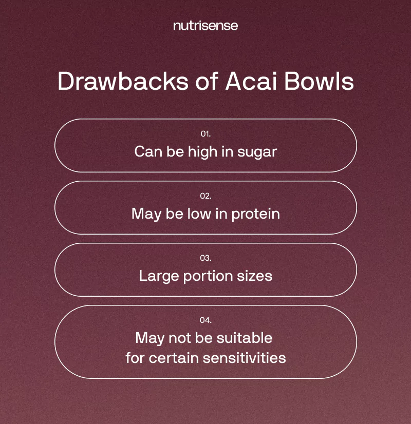 White text on a burgundy background with the nutrisense logo that lists the drawbacks of acai bowls