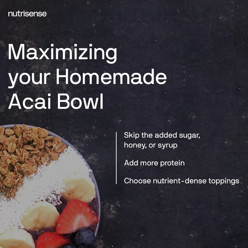 A navy background with an image of an Acai bowl and text in white on Maximizing your homemade acai bowl