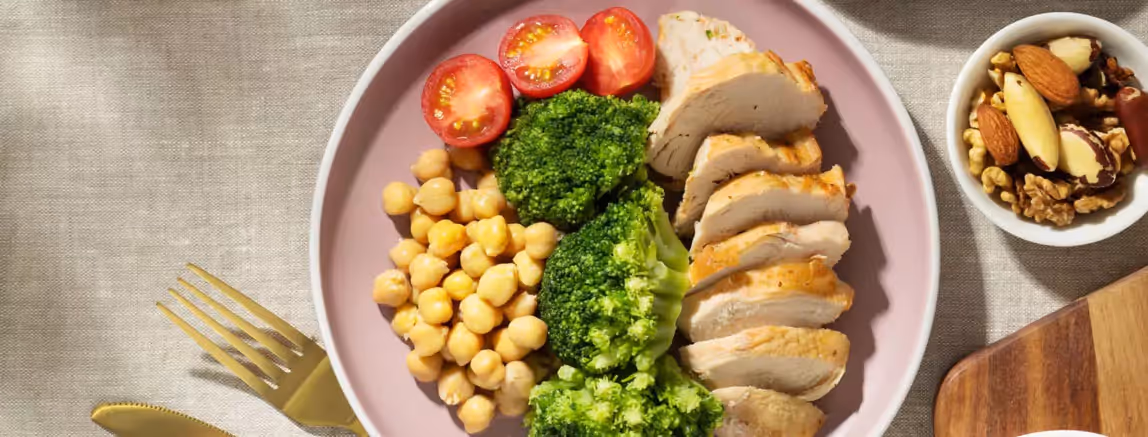 a plate of meat and vegetables