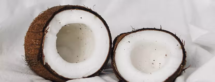 Two halves of a brown coconut against a white backdrop