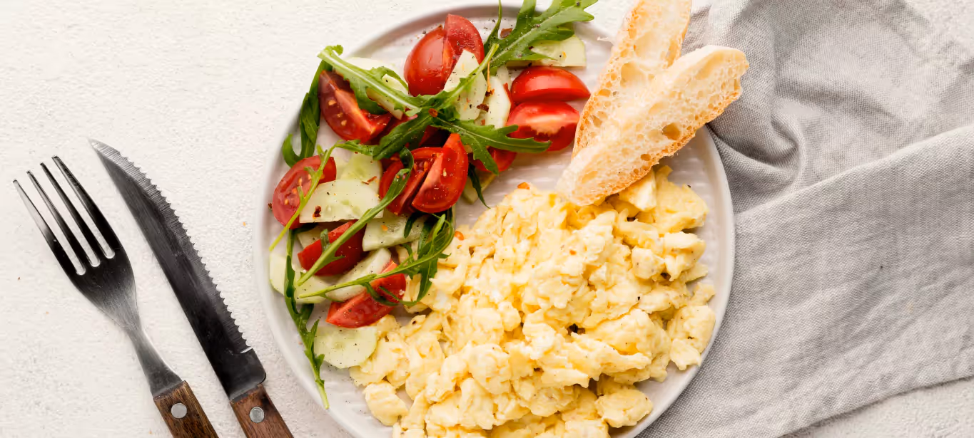 a high protein breakfast plate with scrambled eggs
