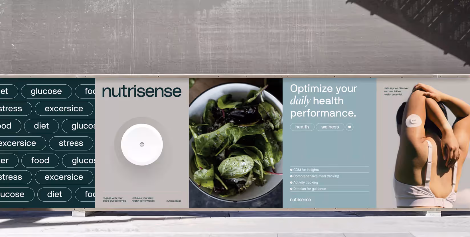 Collage of images showing Nutrisense CGM, leafy greens, and person stretching with CGM