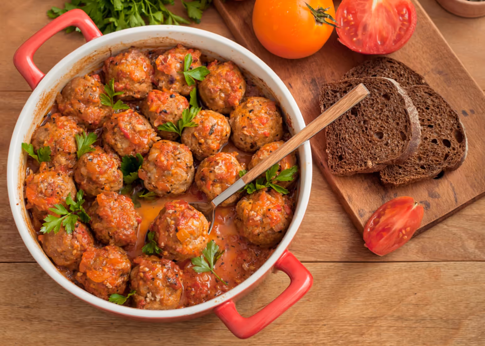 a pan full of tomato meatballs